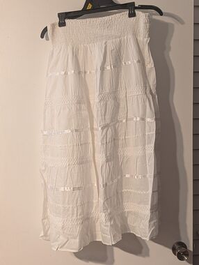 J Gee White Tiered Smocked Maxi Skirt with Ribbon Detail